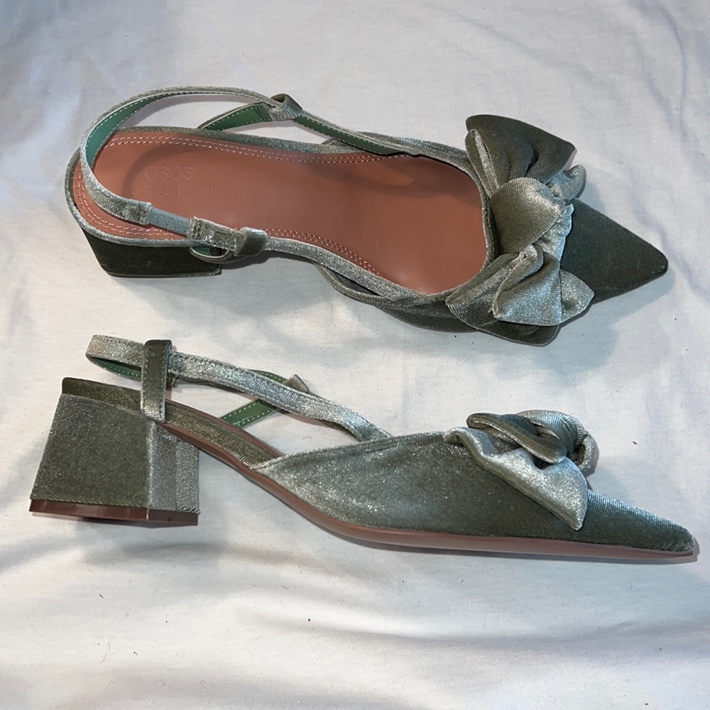 ASOS bow velvet sage mid heels- wide fit